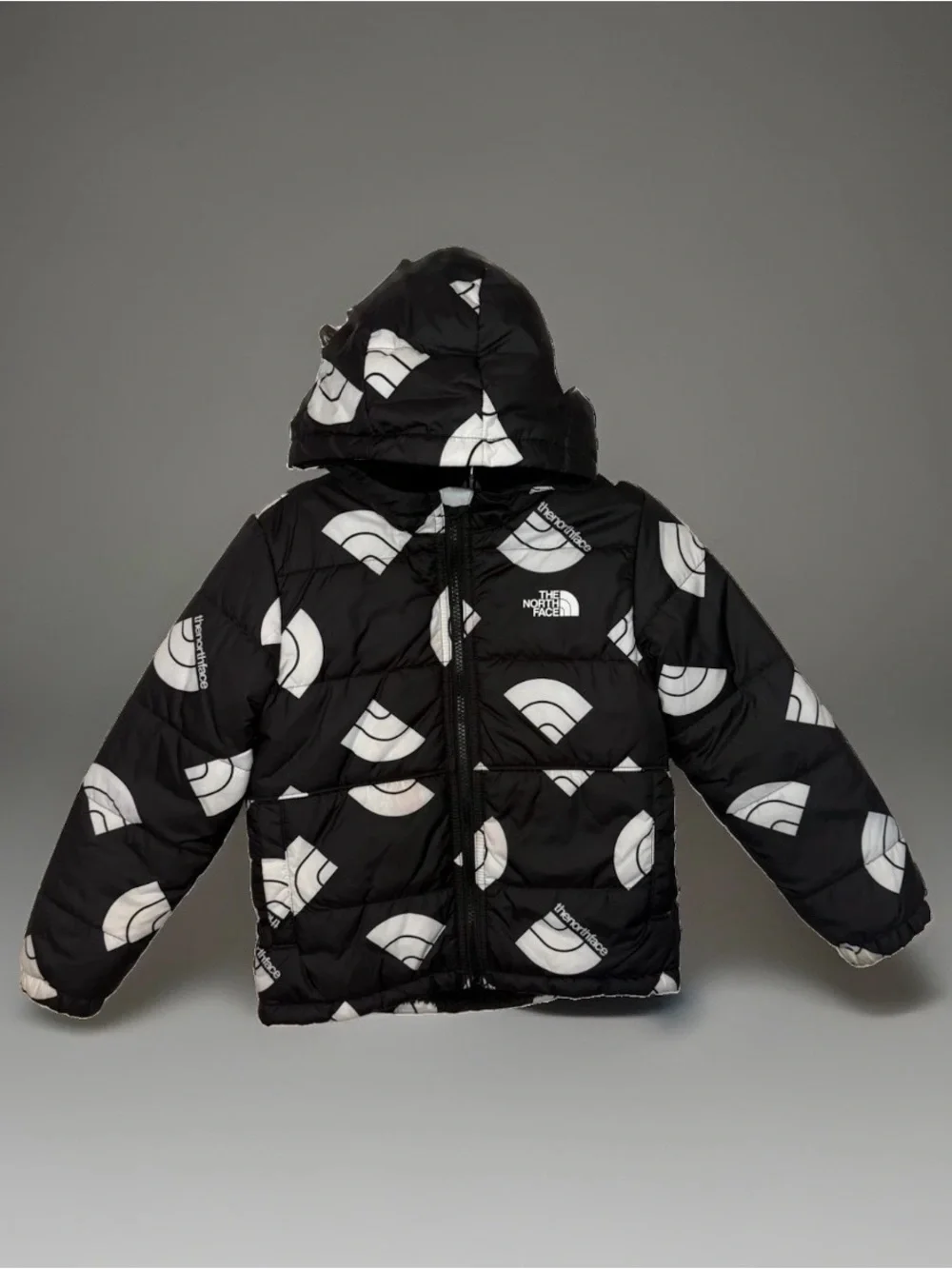 The North Face Black Puffer Jacket with White Logo Print
